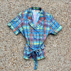 VTG 90s Y2K MG Women Linen Blend Plaid Blouse Tie Waist Size 1X Carol Brady